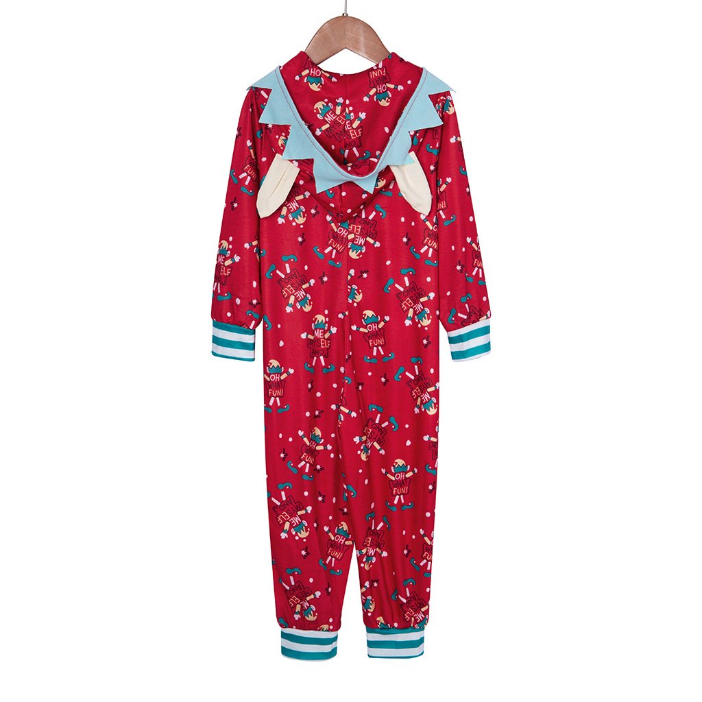 Red family Christmas onesie with an elf print and a hood with elf ears