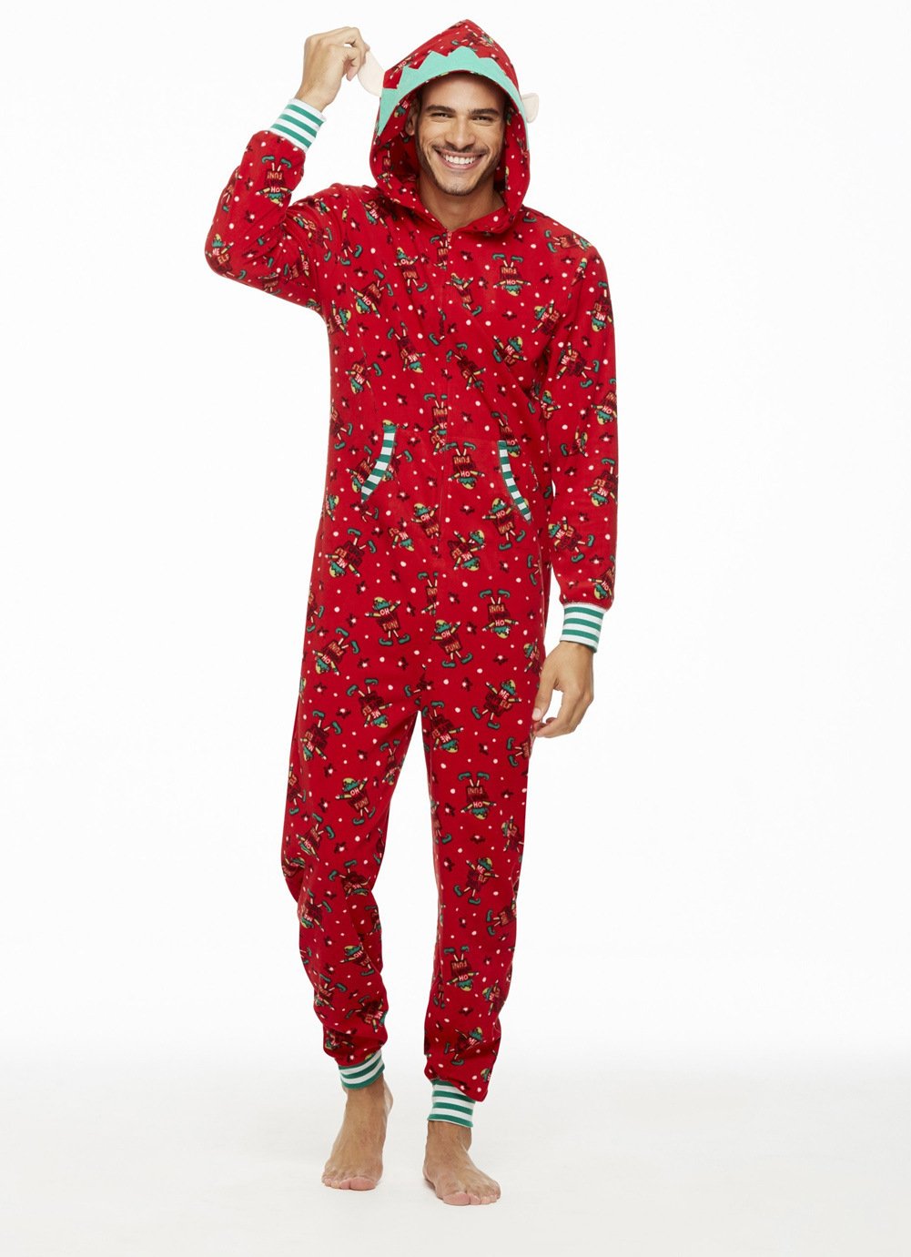 Red family Christmas onesie with an elf print and a hood with elf ears