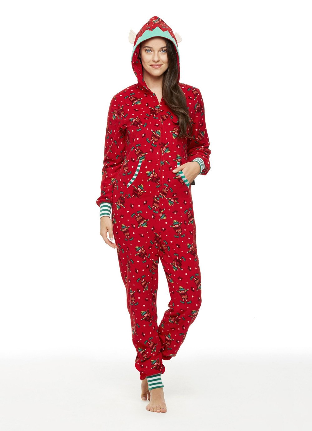 Red family Christmas onesie with an elf print and a hood with elf ears