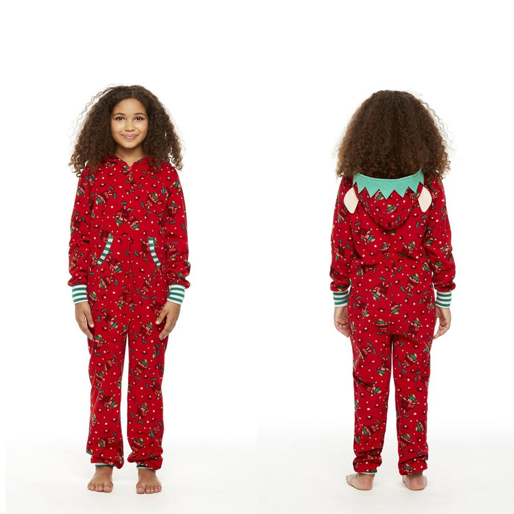 Red family Christmas onesie with an elf print and a hood with elf ears