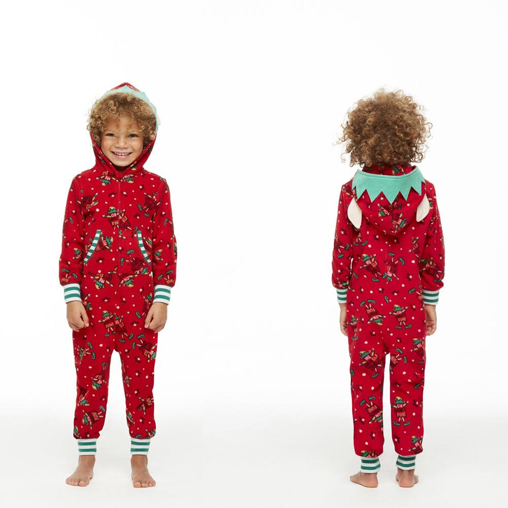 Red family Christmas onesie with an elf print and a hood with elf ears
