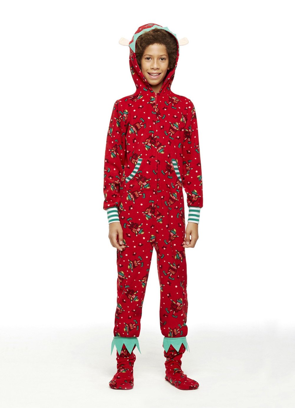 Red family Christmas onesie with an elf print and a hood with elf ears
