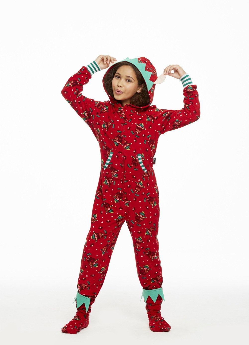 Red family Christmas onesie with an elf print and a hood with elf ears