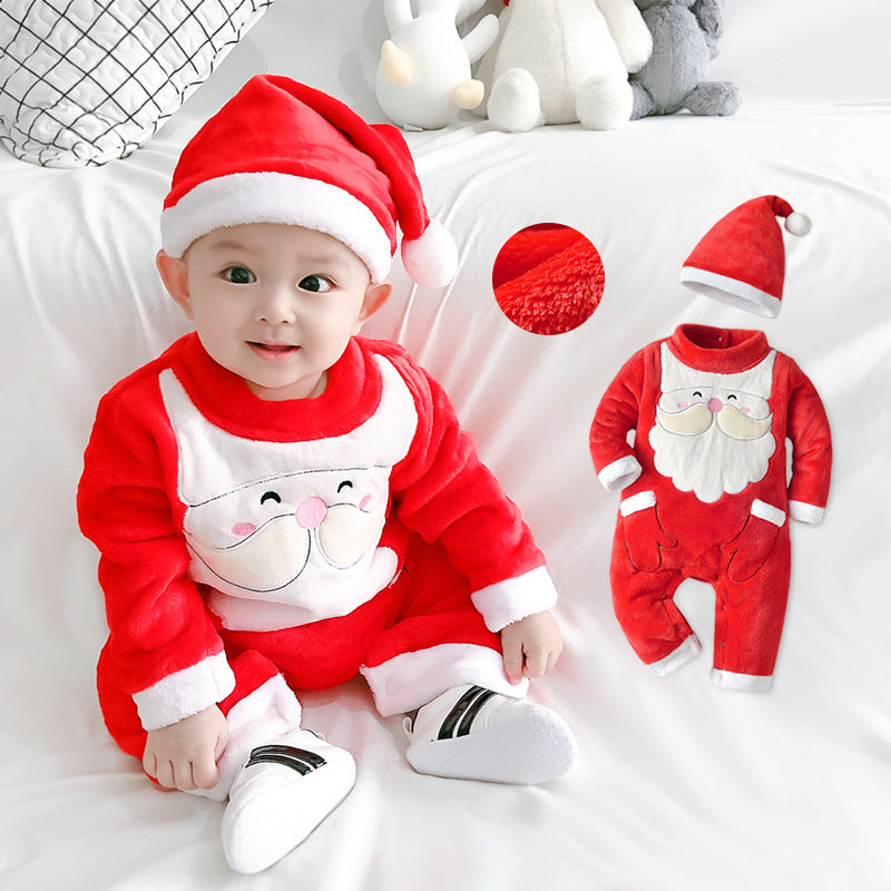 Red plush Father Christmas babygrow with a white beard and a matching hat