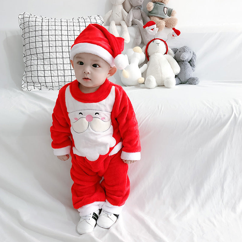 Red plush Father Christmas babygrow with a white beard and a matching hat