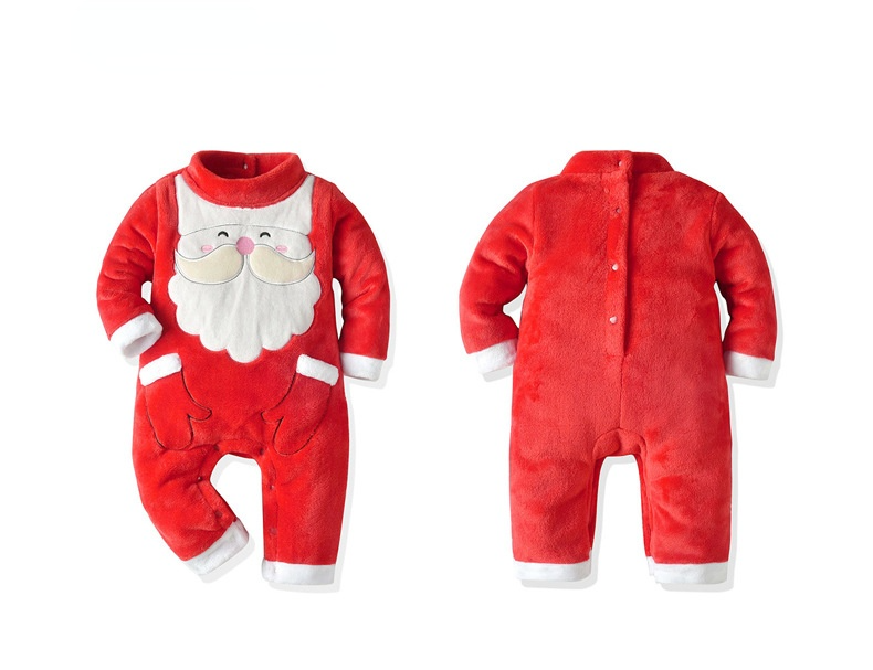 Red plush Father Christmas babygrow with a white beard and a matching hat