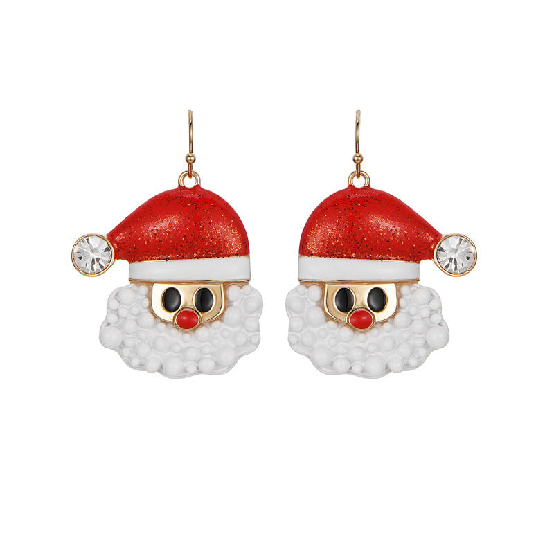3D Father Christmas face drop earrings with a red glitter hat, white beard and a stone