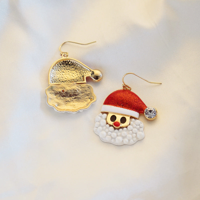 3D Father Christmas face drop earrings with a red glitter hat, white beard and a stone