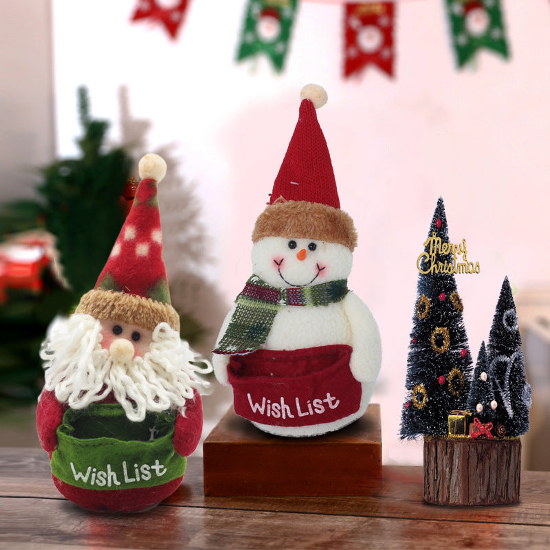 Plush Father Christmas and snowman in knitted hats, each with a Wish List pouch