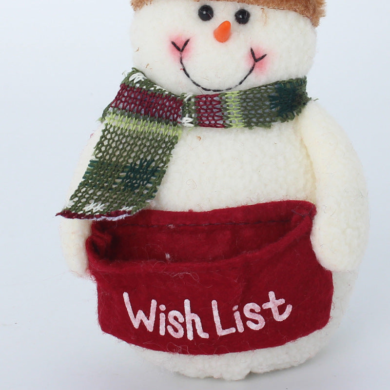 Plush Father Christmas and snowman in knitted hats, each with a Wish List pouch