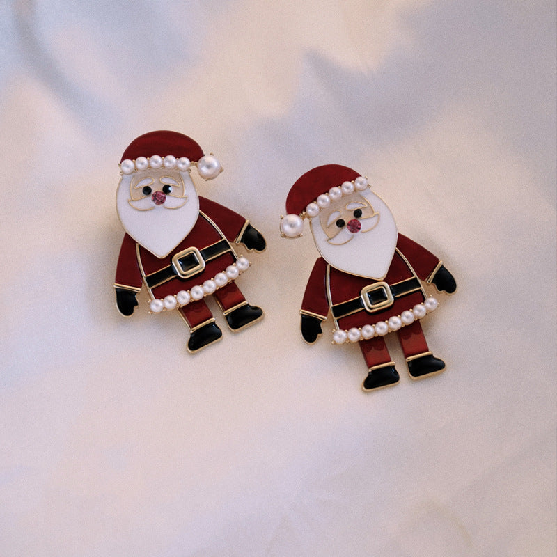 Father Christmas stud earrings in red and white with white beads along the hat and beard