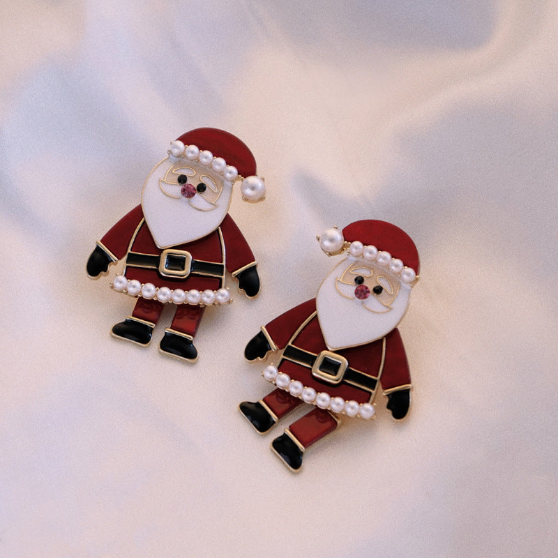 Father Christmas stud earrings in red and white with white beads along the hat and beard