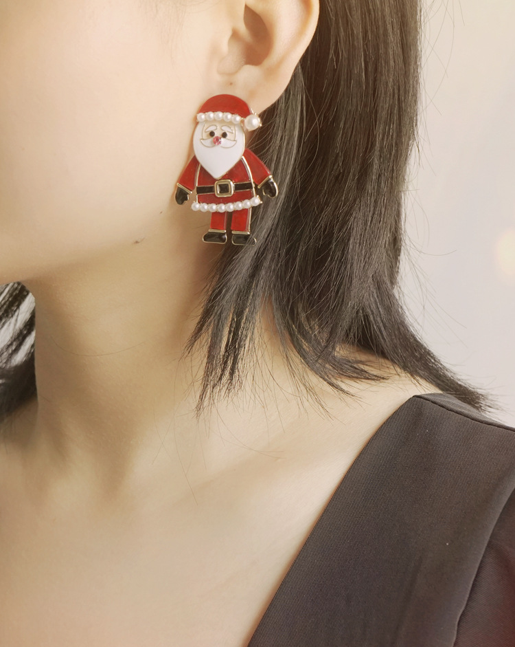 Father Christmas stud earrings in red and white with white beads along the hat and beard