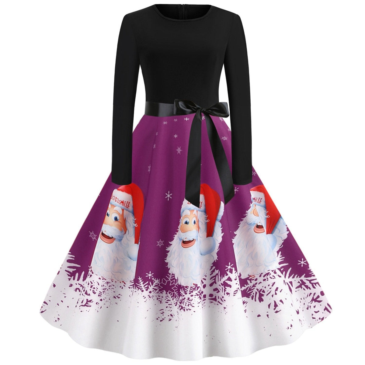 Women's Christmas swing dress with Father Christmas faces and a snowflake hem - purple father christmas