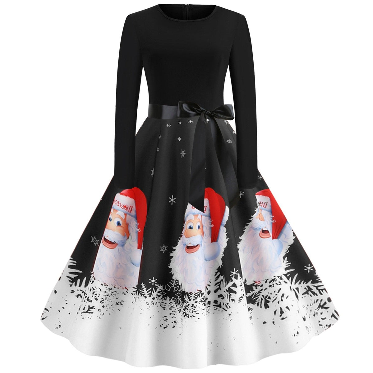 Women's Christmas swing dress with Father Christmas faces and a snowflake hem - black father christmas