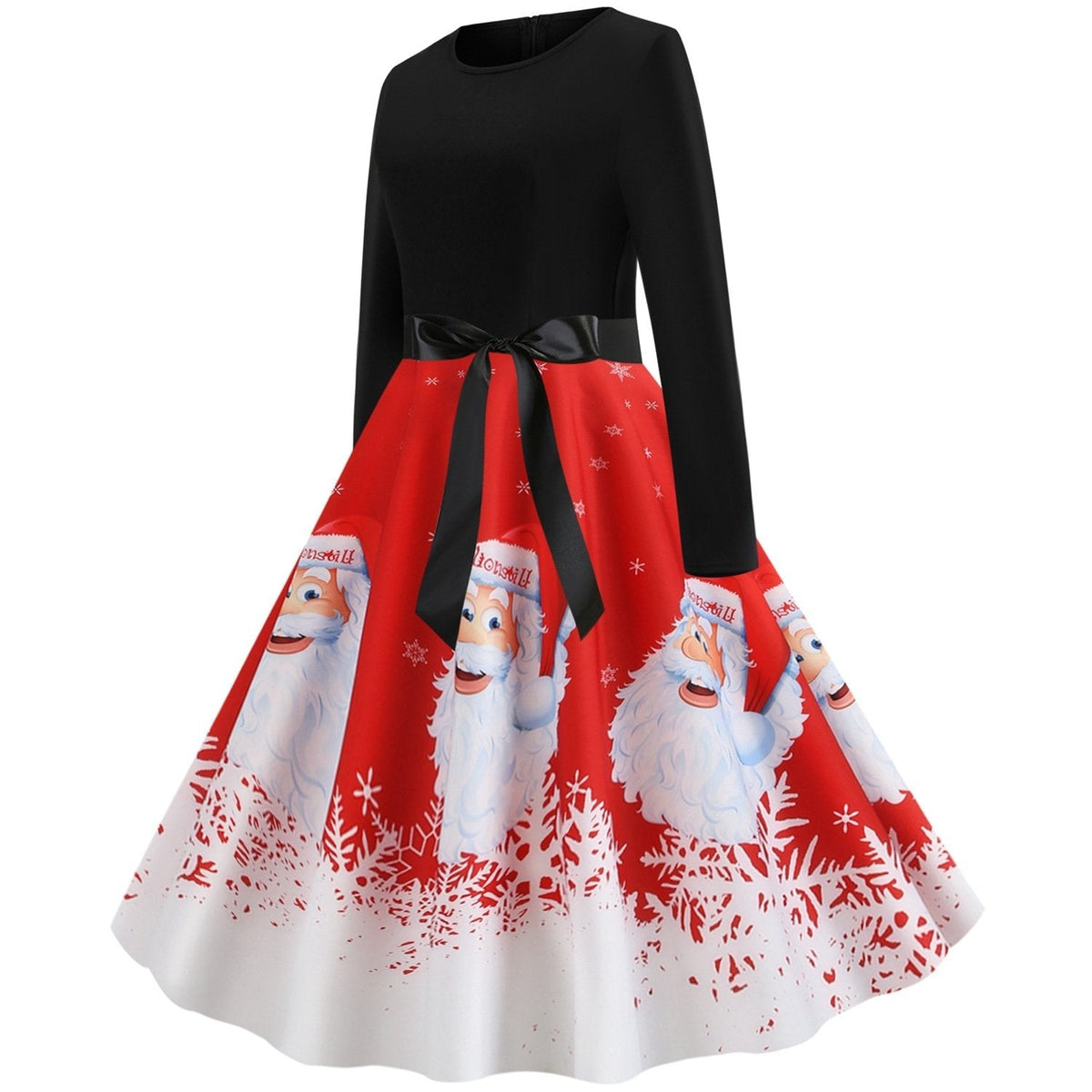 Women's Christmas swing dress with Father Christmas faces and a snowflake hem