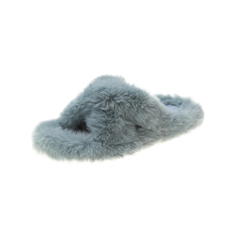Slippers with crossed faux fur straps, open toe and flat sole - light blue