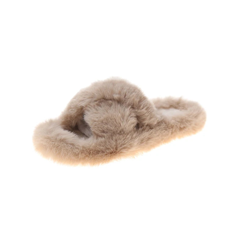 Slippers with crossed faux fur straps, open toe and flat sole - taupe
