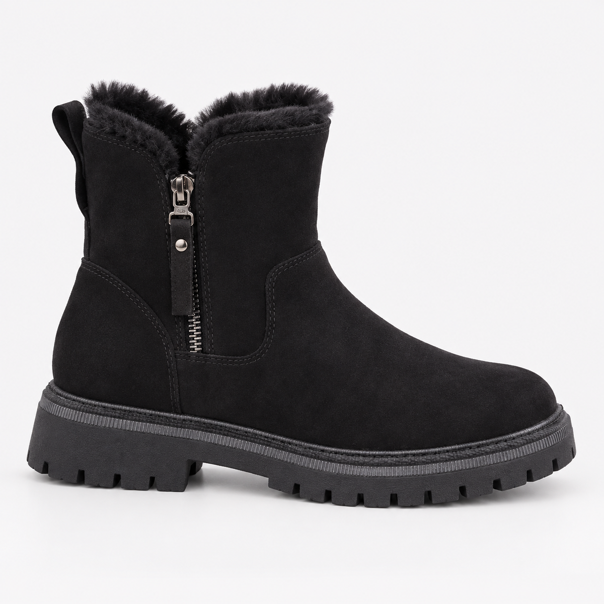 Women's suede-look ankle boots with a faux fur lining and side zip - black