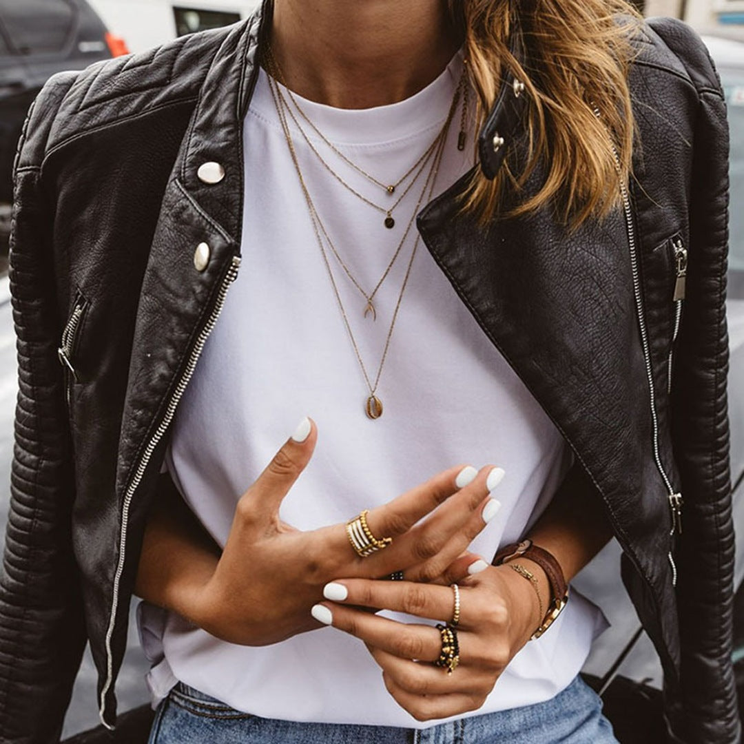 Women's black faux leather biker jacket with a stand collar - black