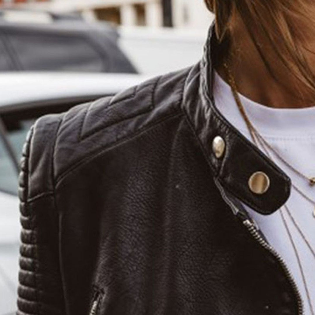 Women's black faux leather biker jacket with a stand collar - black