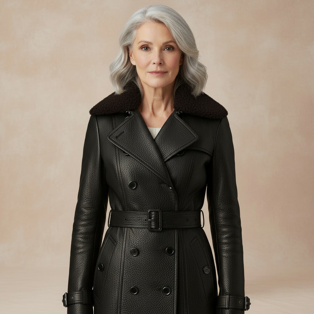 Women's black faux leather trench coat with a faux fur collar and belt - black