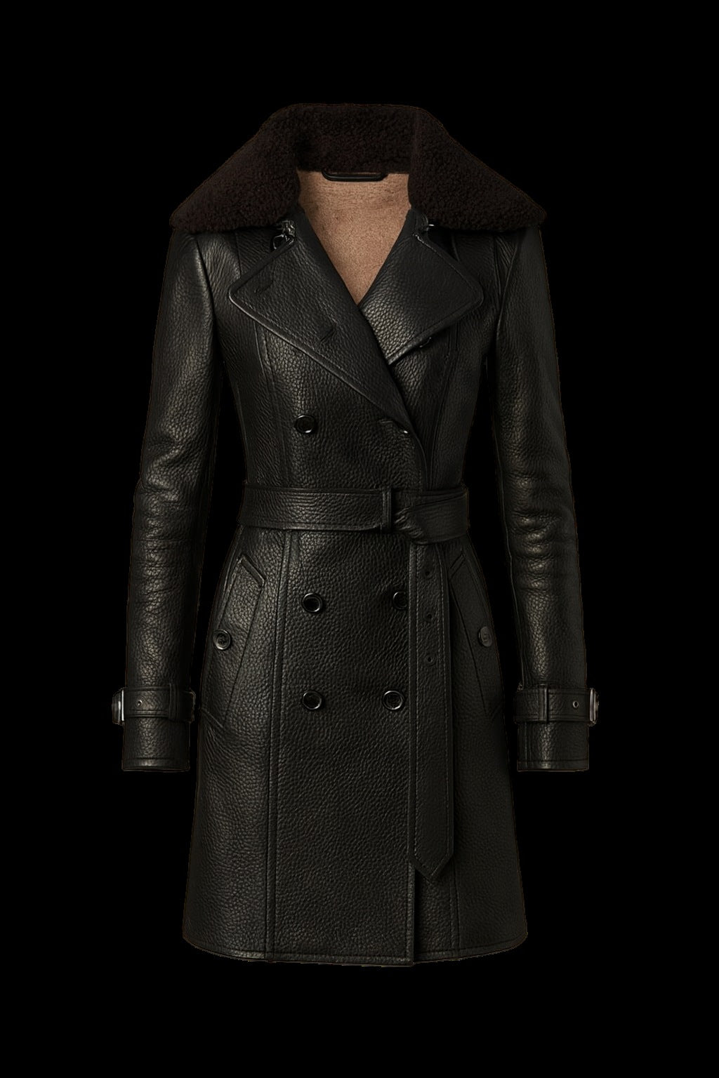 Women's black faux leather trench coat with a faux fur collar and belt