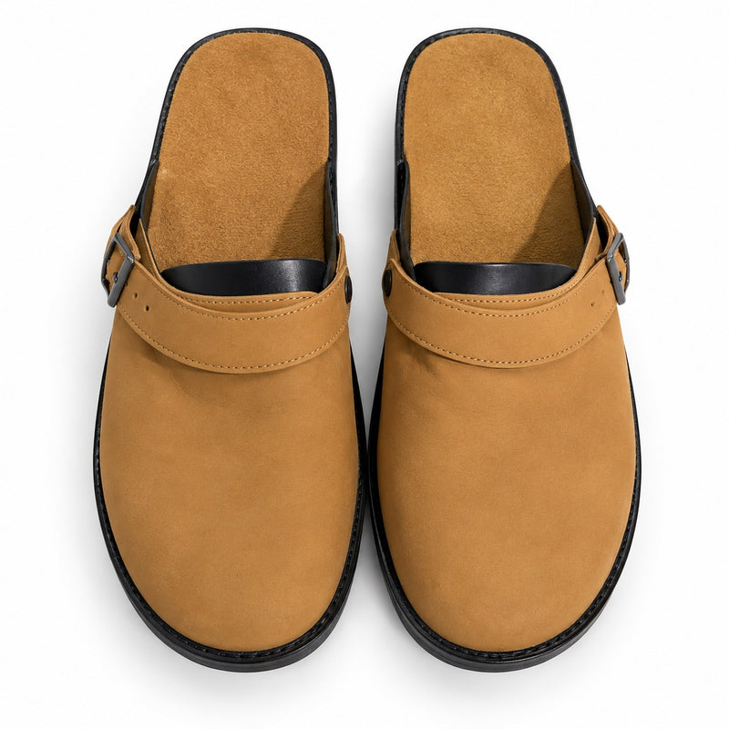Faux suede mule clogs with an open back and adjustable buckle strap - view 2