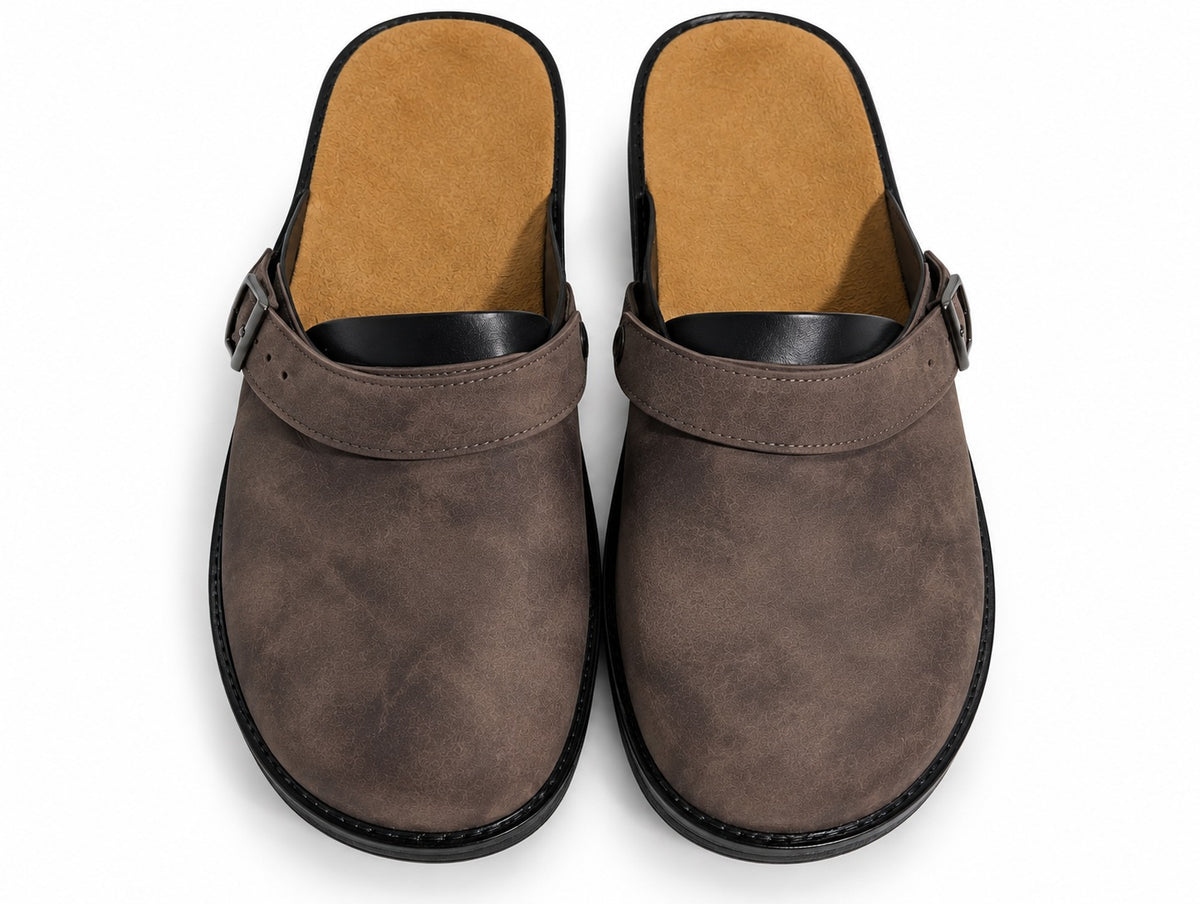 Faux suede mule clogs with an open back and adjustable buckle strap - view 4