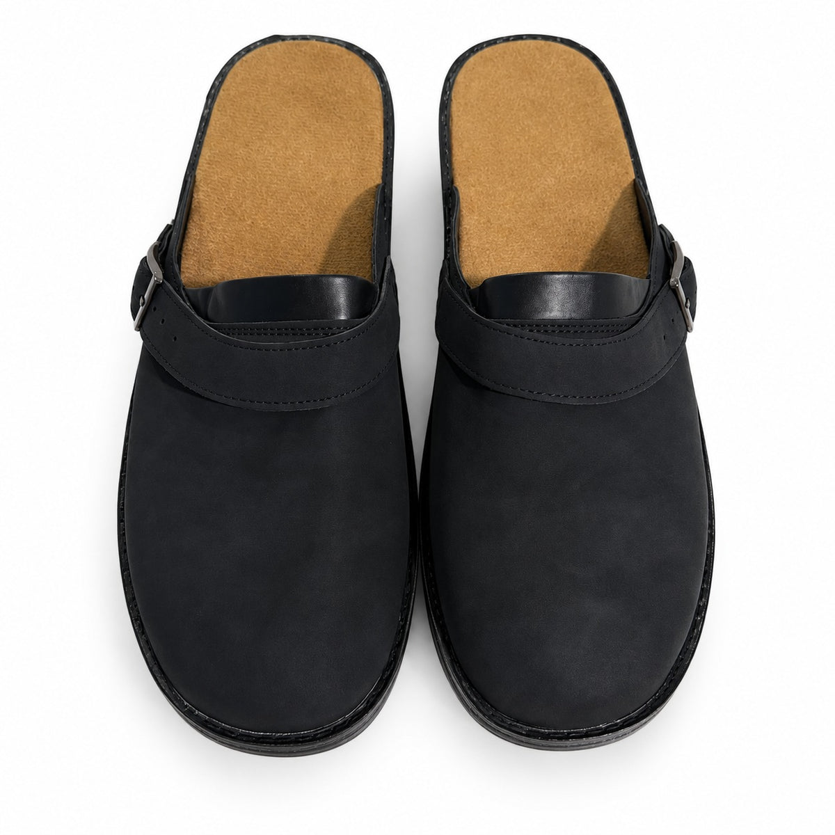 Faux suede mule clogs with an open back and adjustable buckle strap - view 6