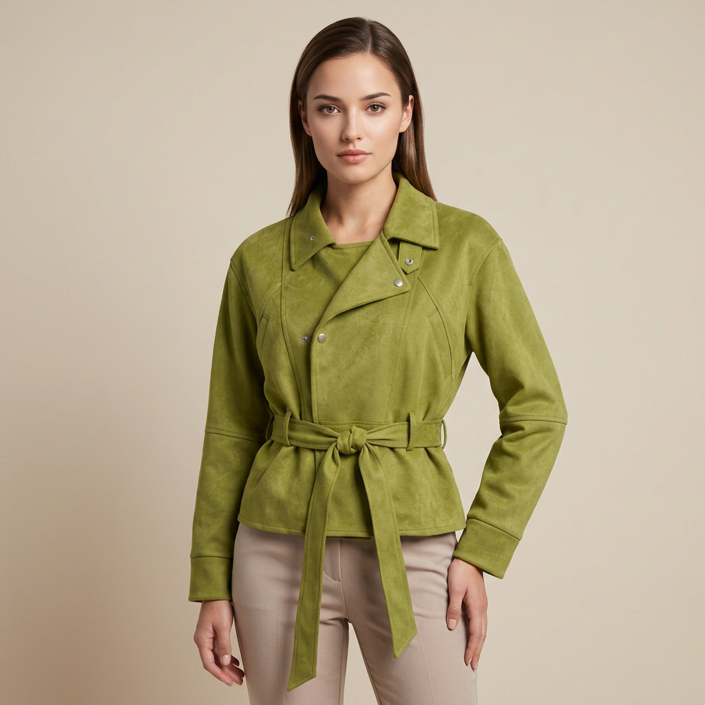 Olive faux suede jacket with a stand collar and a self-tie belt in olive