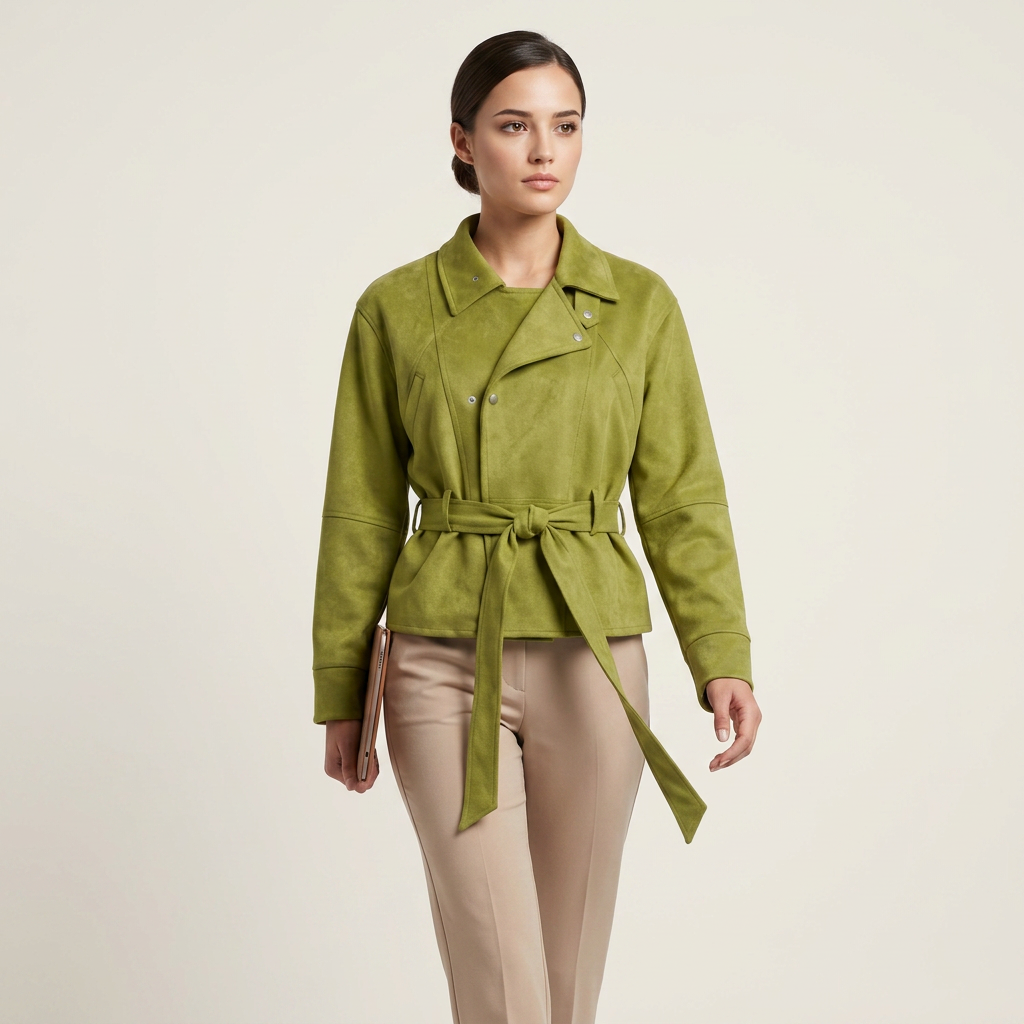 Olive faux suede jacket with a stand collar and a self-tie belt