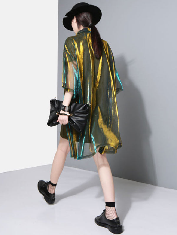 Oversized sheer overshirt with an iridescent finish and short sleeves in green shimmer