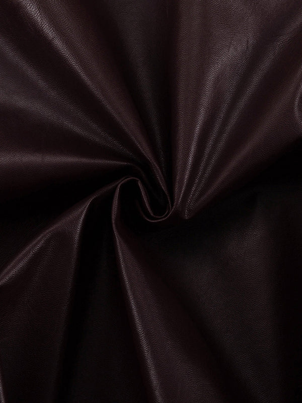 Chocolate brown faux leather jacket with a wide lapel collar and zip