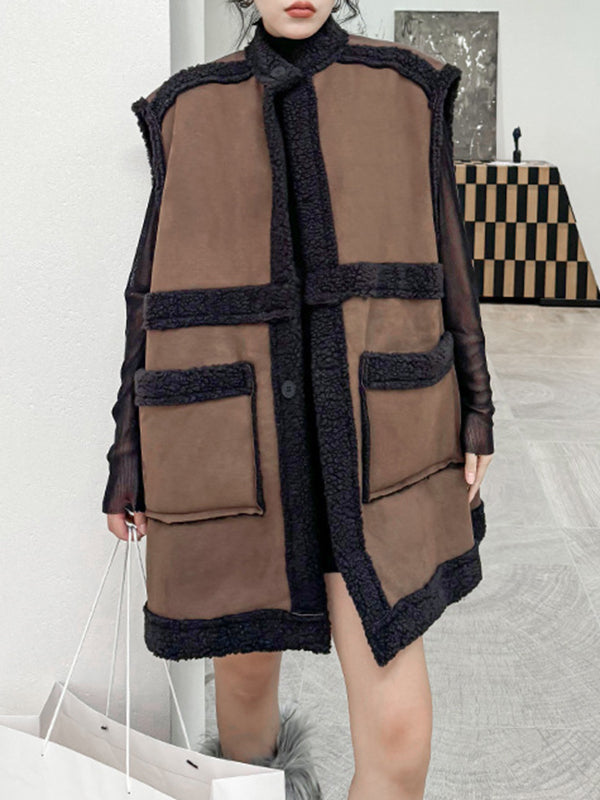 Sleeveless suede-look gilet with a dark faux shearling trim