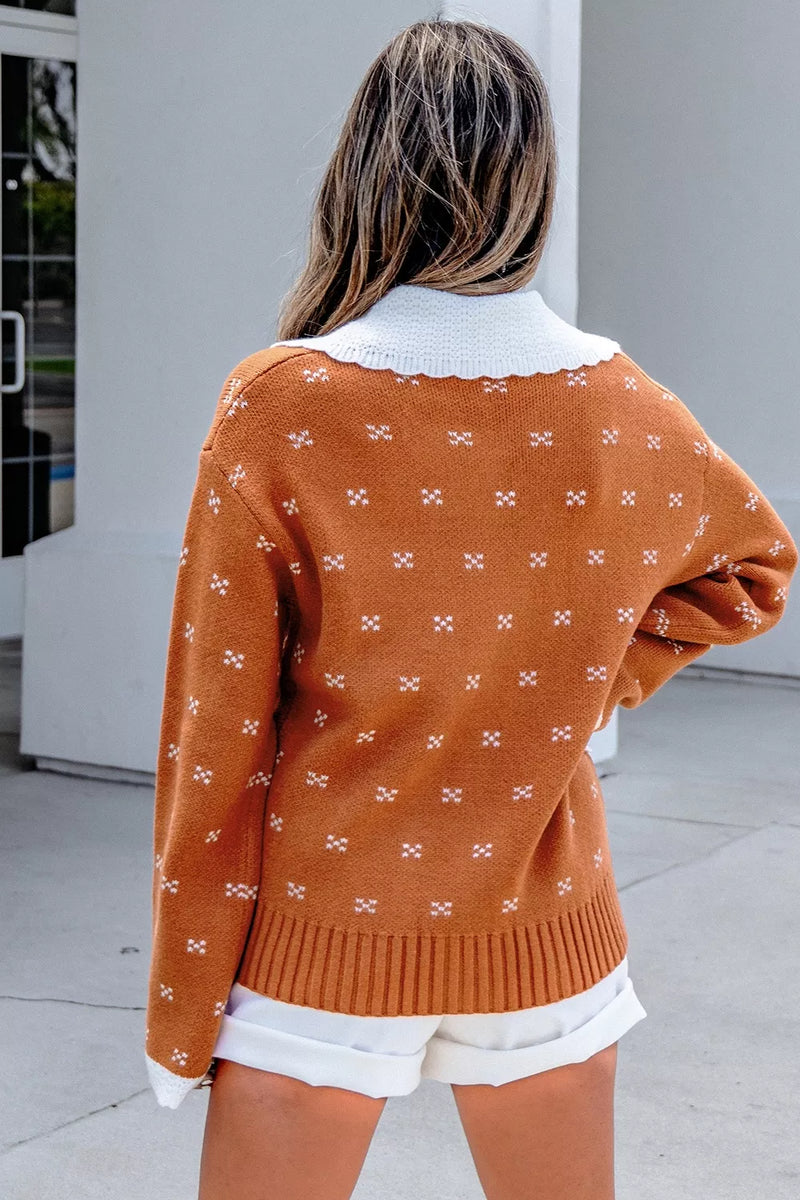 Women's peter pan collar terracotta cardigan - detail
