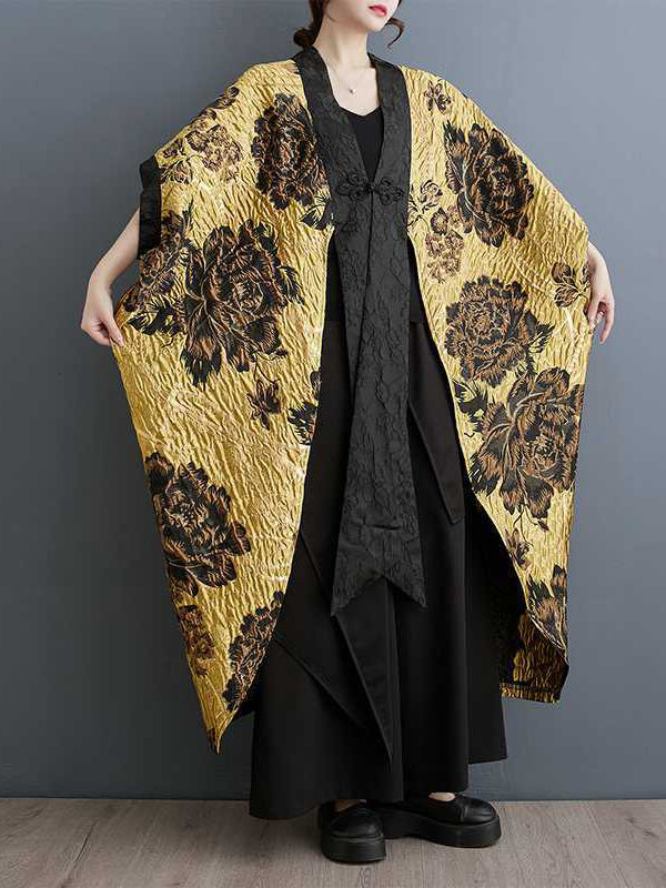 Gold brocade jacket with raised black flowers and batwing sleeves