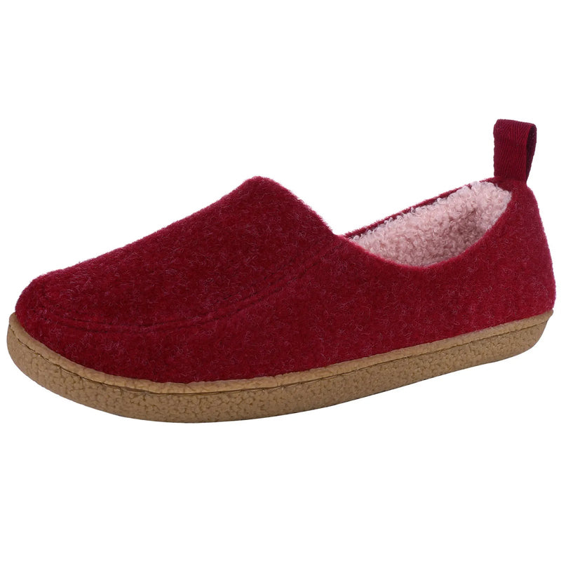 Felt slippers with a teddy lining in a contrasting colour, heel loop and rubber sole - burgundy