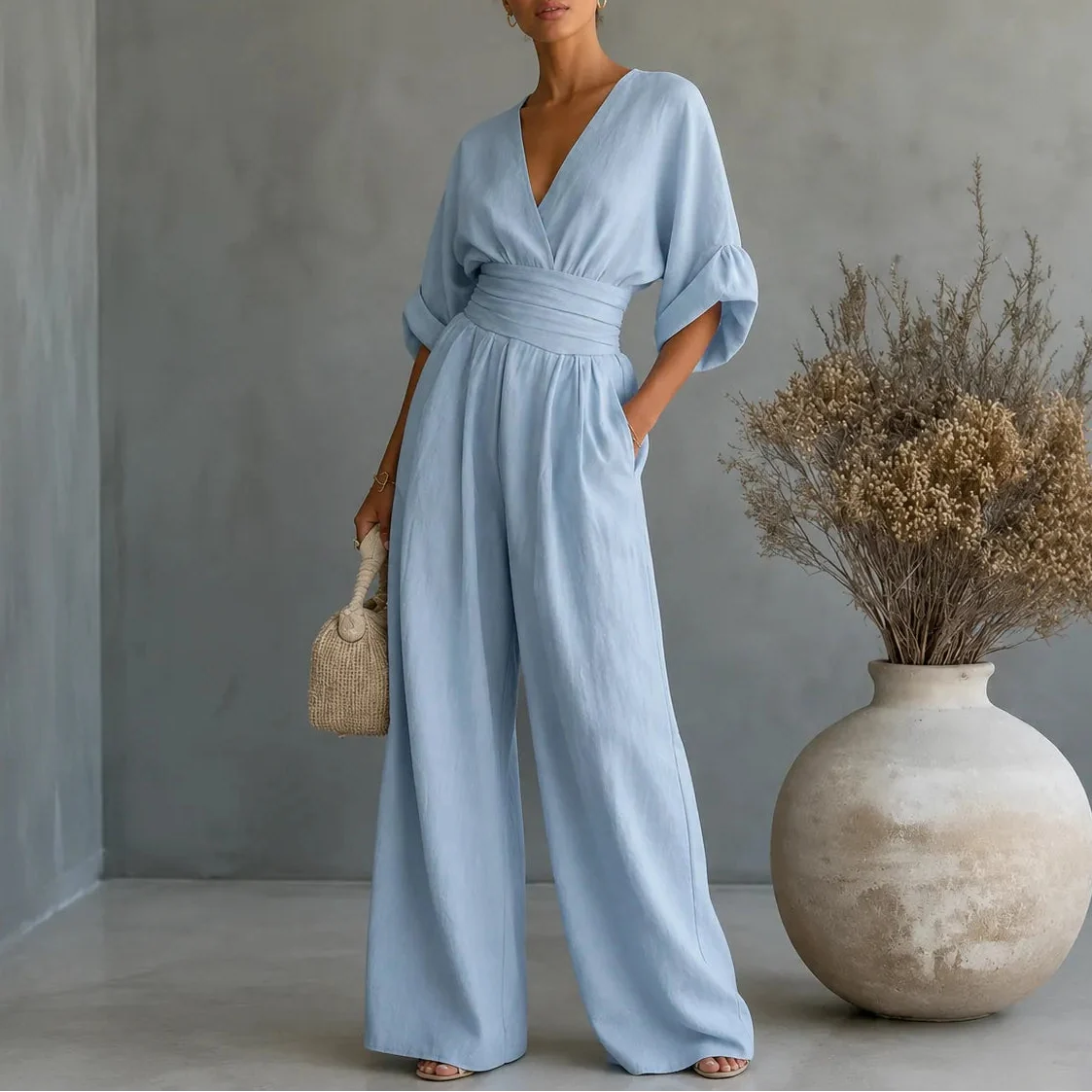 Women's wide leg V-neck jumpsuit in Soft Blue