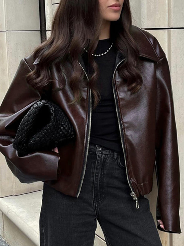Chocolate brown faux leather jacket with a wide lapel collar and zip in chocolate