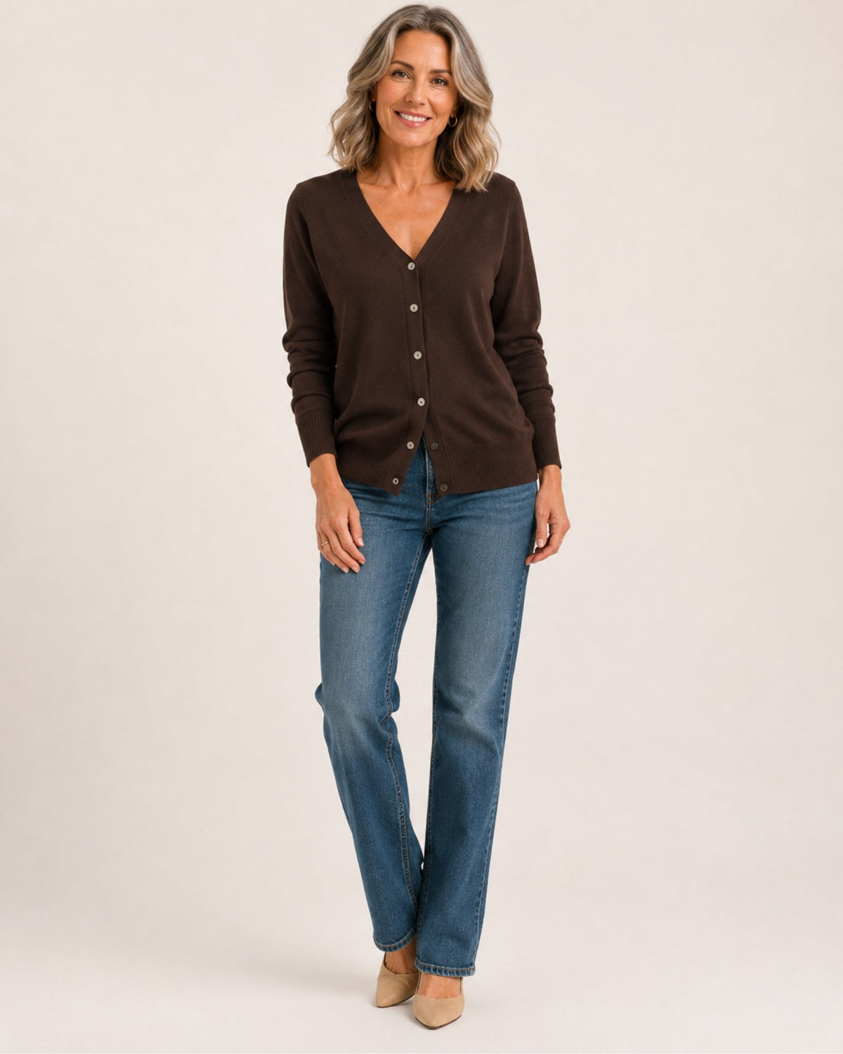 Women's fine knit cardigan with a V-neck and button front - dark brown