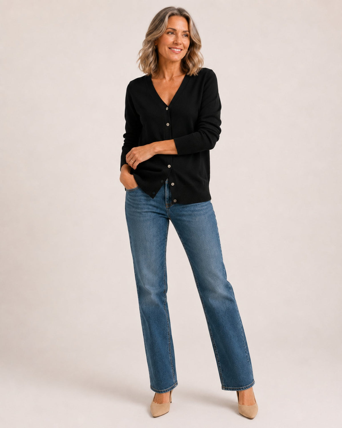 Women's fine knit cardigan with a V-neck and button front