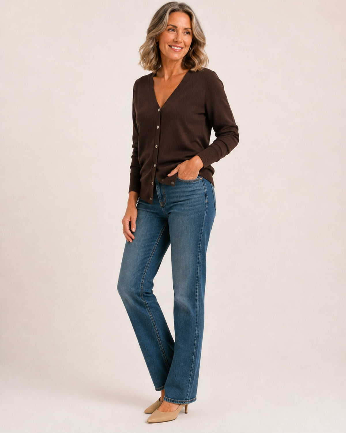 Women's fine knit cardigan with a V-neck and button front