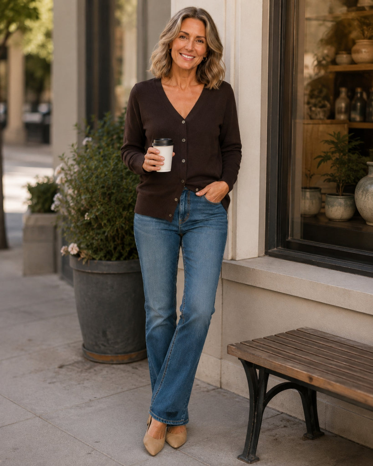 Women's fine knit cardigan with a V-neck and button front