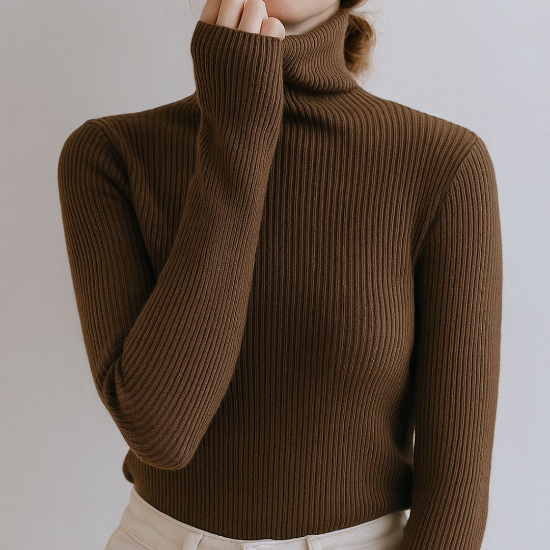 Women's fine ribbed roll neck jumper with a close fit - dark brown