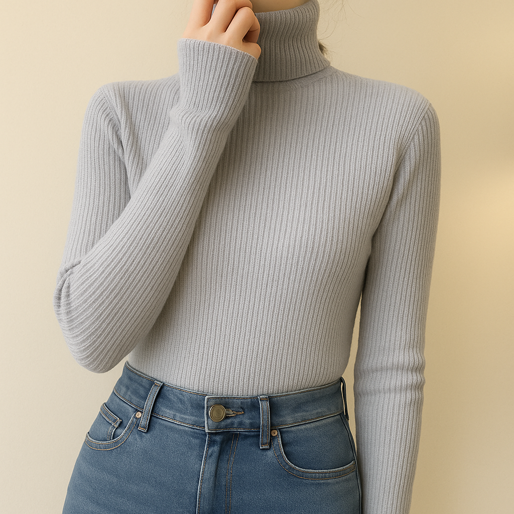 Women's fine ribbed roll neck jumper with a close fit - light grey