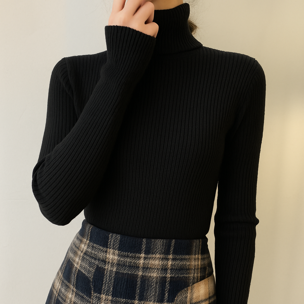 Women's fine ribbed roll neck jumper with a close fit - black