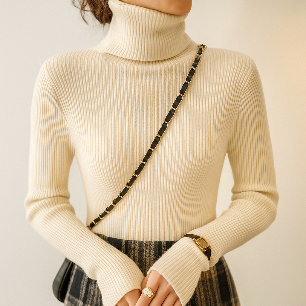Women's fine ribbed roll neck jumper with a close fit - cream