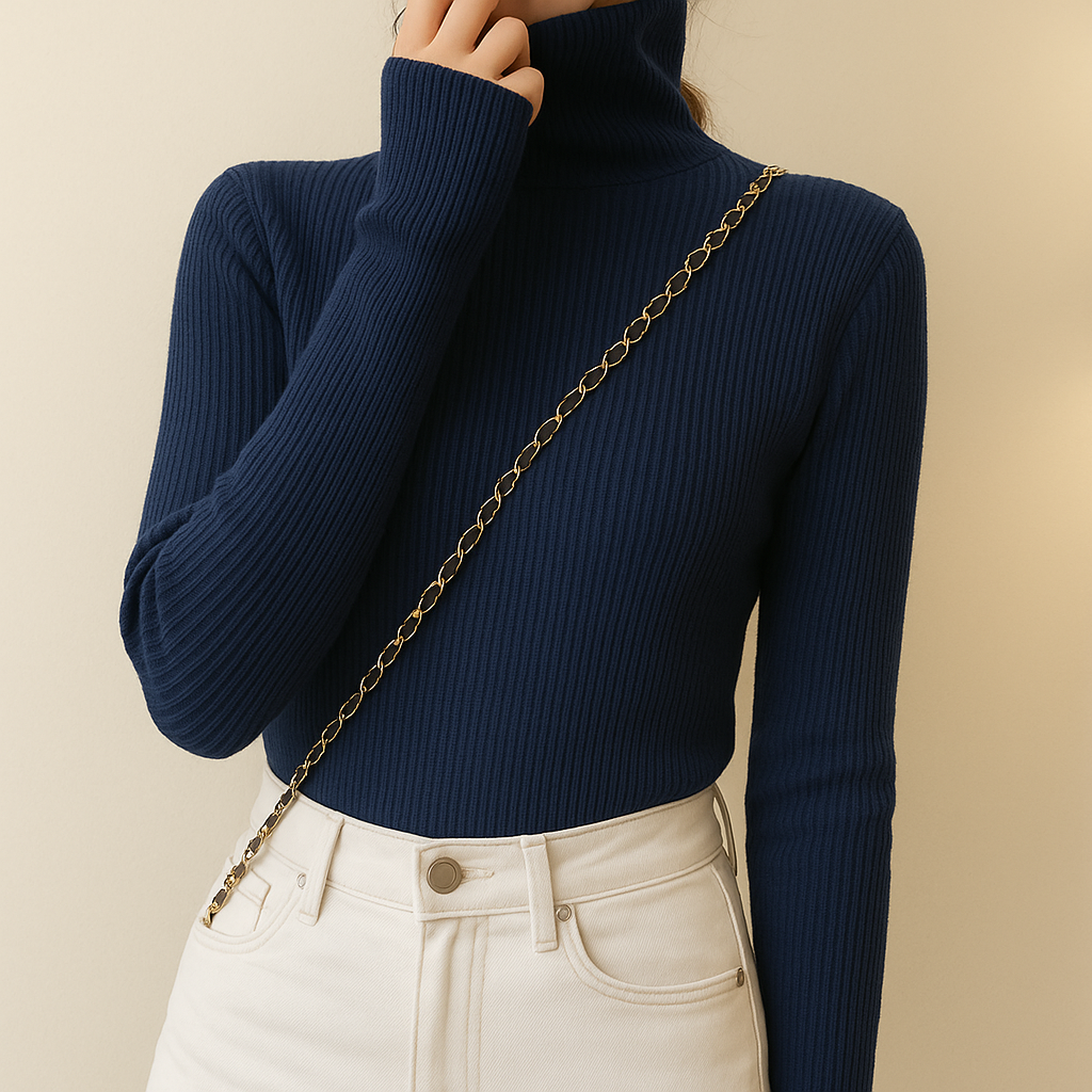 Women's fine ribbed roll neck jumper with a close fit - navy