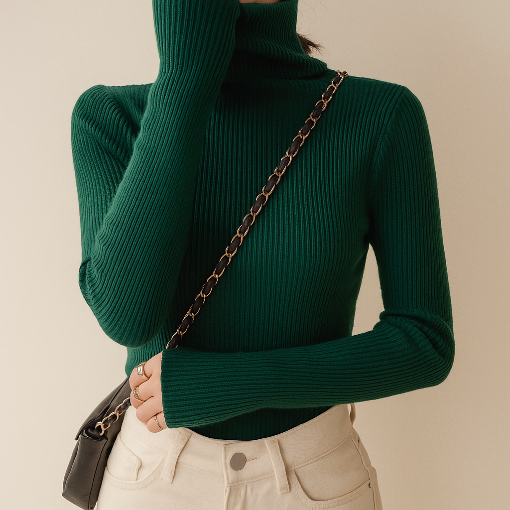 Women's fine ribbed roll neck jumper with a close fit - dark green